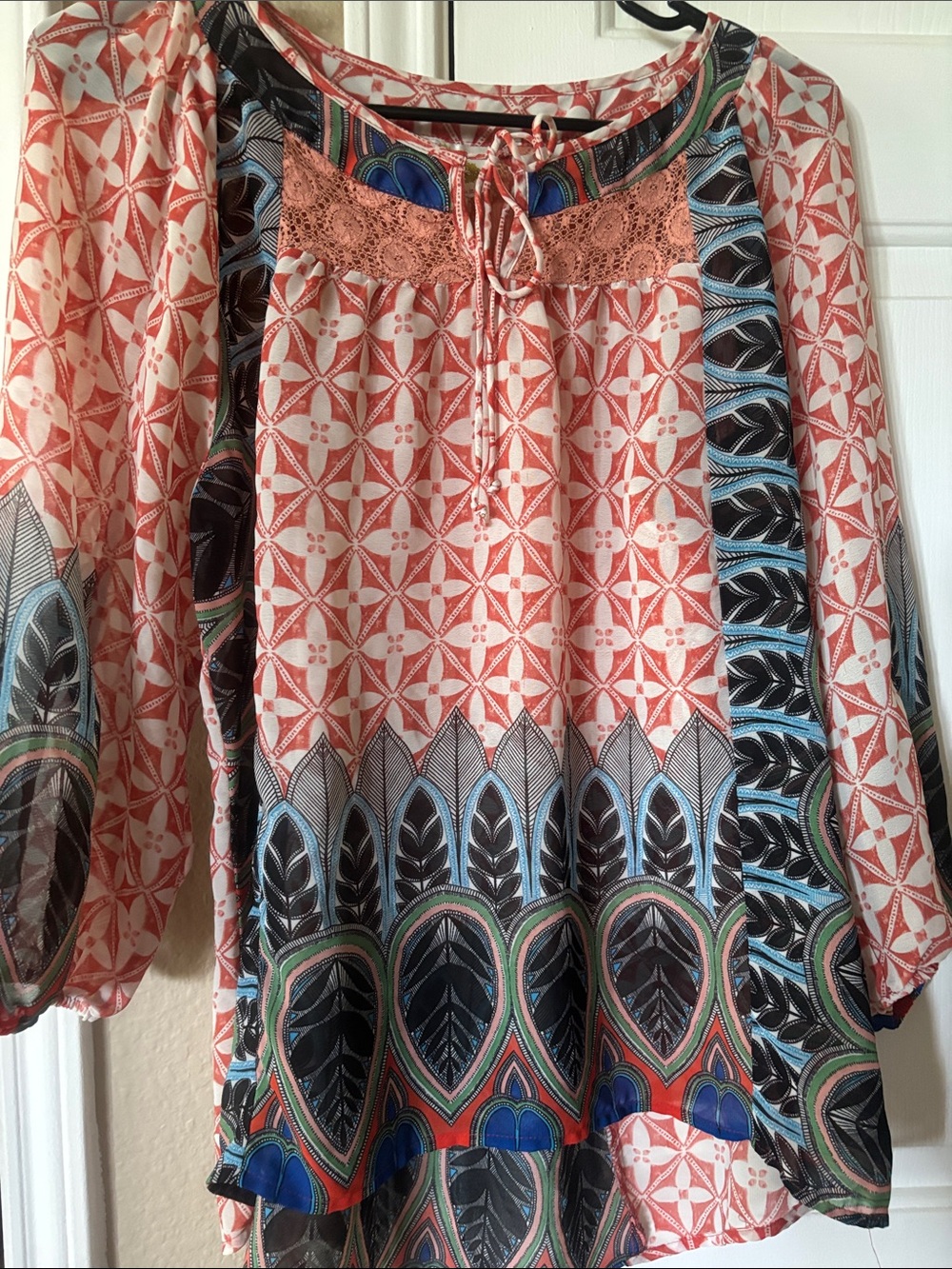 fig and flower Coral and Black Mixed-Print Peasant Tunic